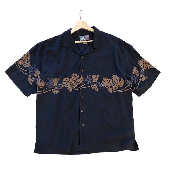 The Hawaiian Original Silk 1960's Hibiscus Black Coastal Vacation Button Shirt - Picture 2 of 6